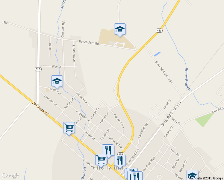 map of restaurants, bars, coffee shops, grocery stores, and more near 2410 Eutaw Road in Holly Hill