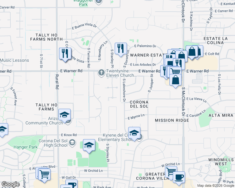 map of restaurants, bars, coffee shops, grocery stores, and more near 9040 South Lakeshore Drive in Tempe