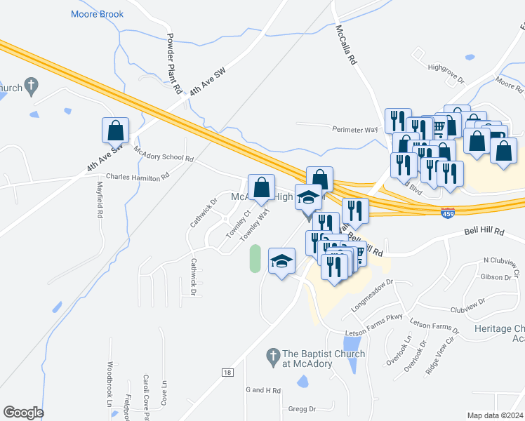 map of restaurants, bars, coffee shops, grocery stores, and more near 6109 Townley Way in McCalla