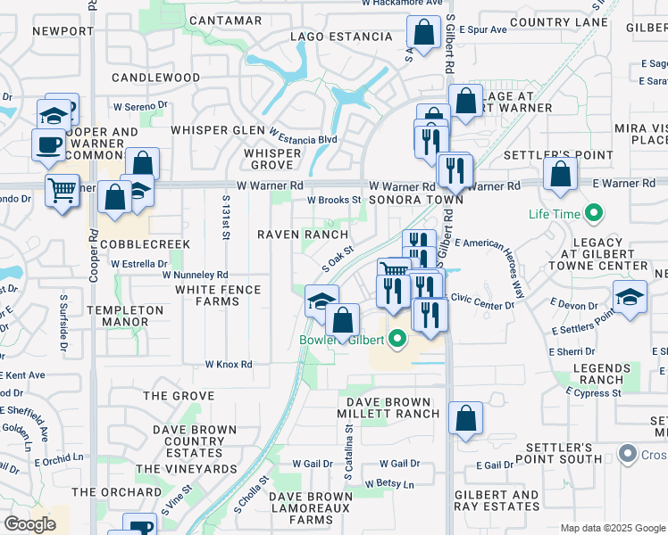map of restaurants, bars, coffee shops, grocery stores, and more near 979 South Oak Street in Gilbert