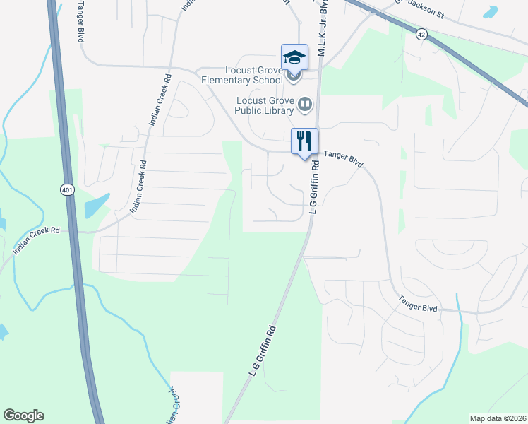 map of restaurants, bars, coffee shops, grocery stores, and more near 1255 Saint Francis Court in Locust Grove