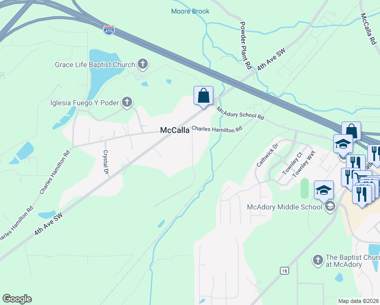 map of restaurants, bars, coffee shops, grocery stores, and more near 6080 Mayfield Road in McCalla