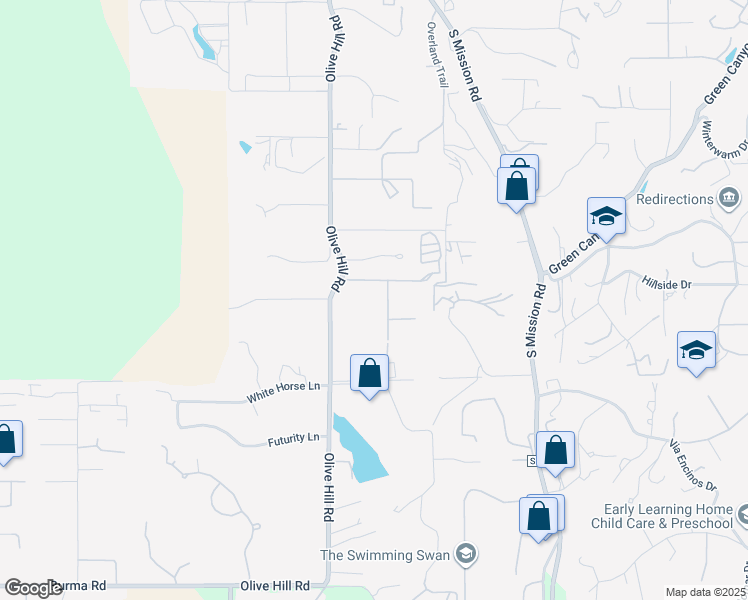 map of restaurants, bars, coffee shops, grocery stores, and more near Olive Hill Road in Fallbrook