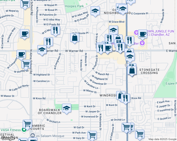 map of restaurants, bars, coffee shops, grocery stores, and more near 1907 North Illinois Street in Chandler