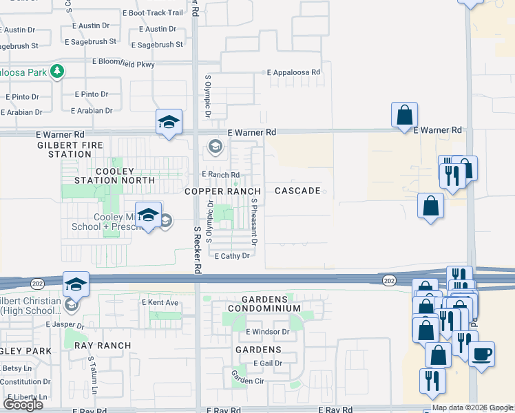 map of restaurants, bars, coffee shops, grocery stores, and more near 1045 South Pheasant Drive in Gilbert