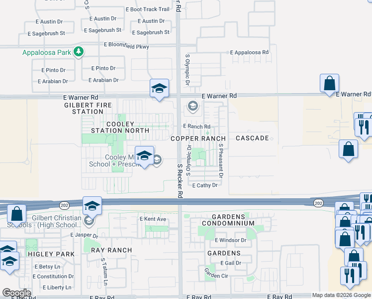 map of restaurants, bars, coffee shops, grocery stores, and more near 1064 South Olympic Drive in Gilbert