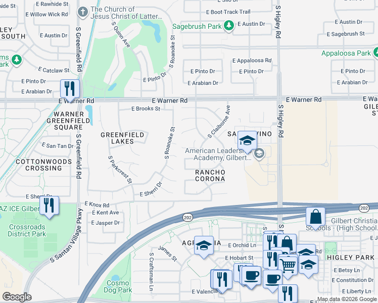 map of restaurants, bars, coffee shops, grocery stores, and more near 1043 South Rockwell Street in Gilbert