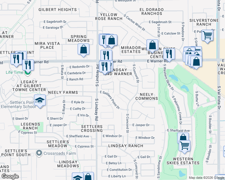 map of restaurants, bars, coffee shops, grocery stores, and more near 1012 South Colonial Court in Gilbert