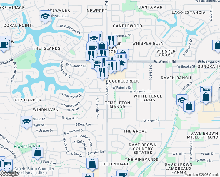 map of restaurants, bars, coffee shops, grocery stores, and more near 802 West Devon Drive in Gilbert