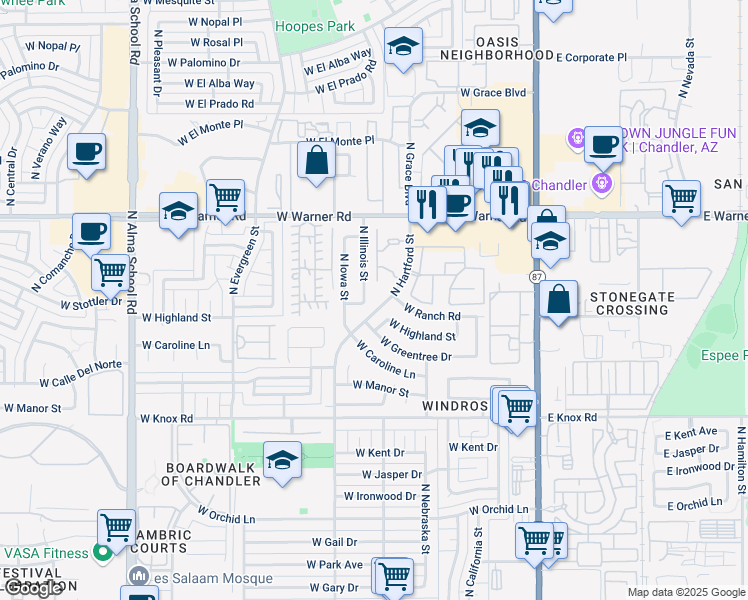map of restaurants, bars, coffee shops, grocery stores, and more near 1907 North Illinois Street in Chandler