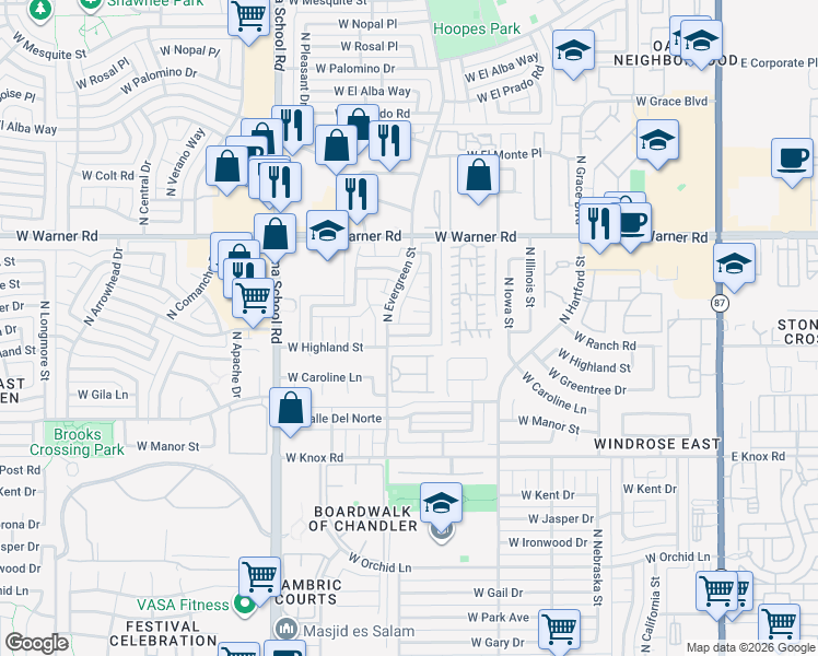 map of restaurants, bars, coffee shops, grocery stores, and more near 711 West Stottler Drive in Chandler