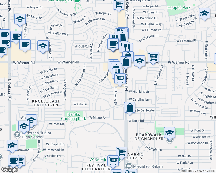 map of restaurants, bars, coffee shops, grocery stores, and more near 1210 West Estrella Drive in Chandler