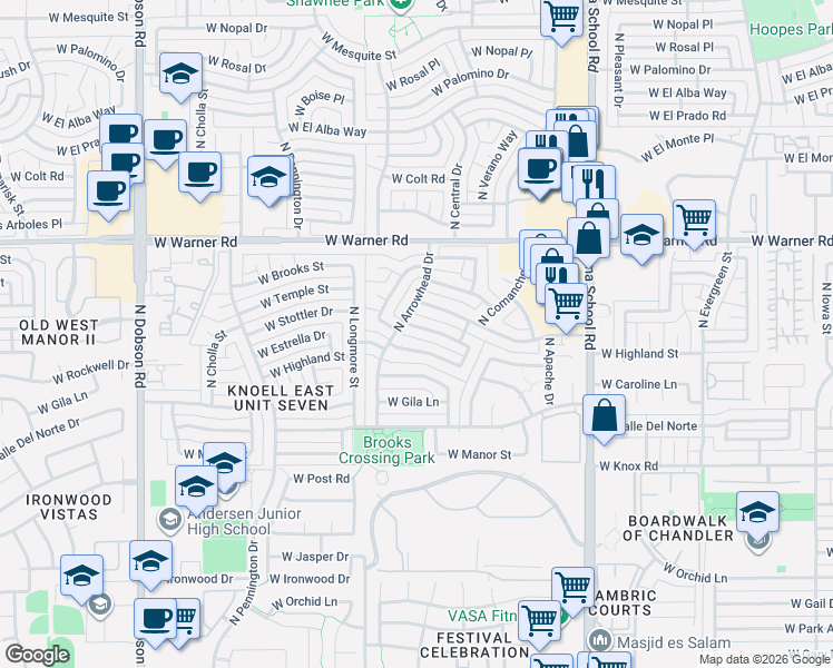 map of restaurants, bars, coffee shops, grocery stores, and more near 1331 West Highland Street in Chandler
