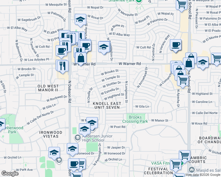 map of restaurants, bars, coffee shops, grocery stores, and more near 1628 West Highland Street in Chandler