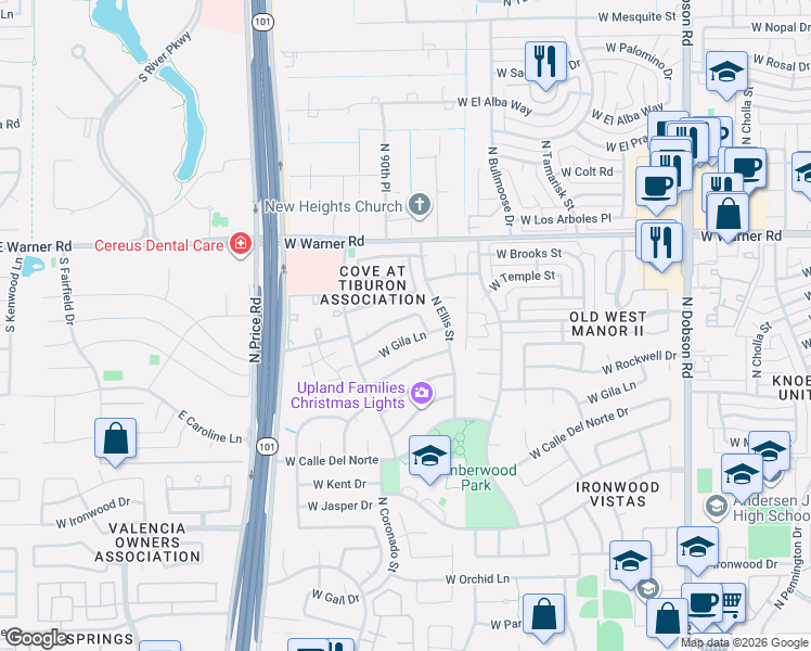 map of restaurants, bars, coffee shops, grocery stores, and more near 2712 West Gila Lane in Chandler