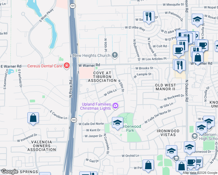 map of restaurants, bars, coffee shops, grocery stores, and more near 2712 West Gila Lane in Chandler