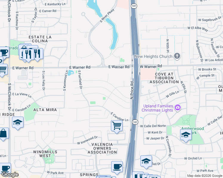 map of restaurants, bars, coffee shops, grocery stores, and more near 2116 East La Vieve Lane in Tempe