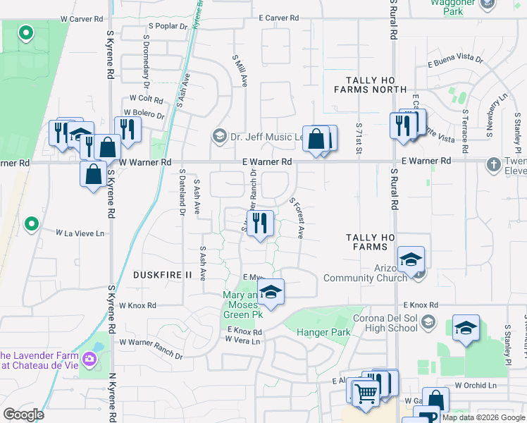 map of restaurants, bars, coffee shops, grocery stores, and more near 80 East Greentree Drive in Tempe