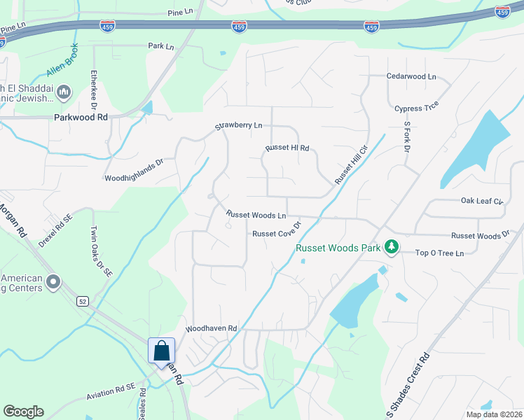map of restaurants, bars, coffee shops, grocery stores, and more near 1770 Russet Woods Lane in Hoover