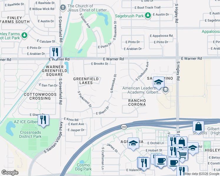 map of restaurants, bars, coffee shops, grocery stores, and more near 2761 East Devon Court in Gilbert
