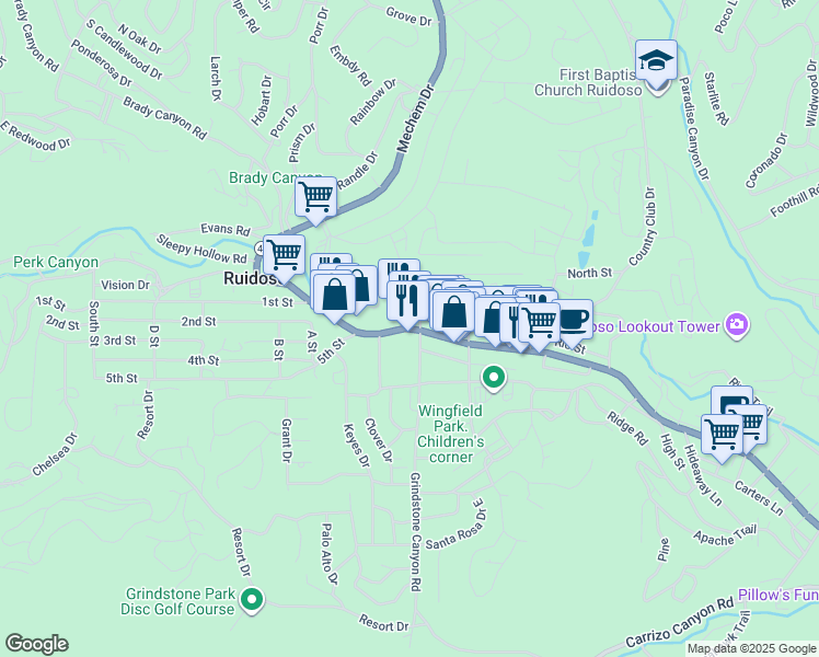 map of restaurants, bars, coffee shops, grocery stores, and more near 2702 Sudderth Drive in Ruidoso