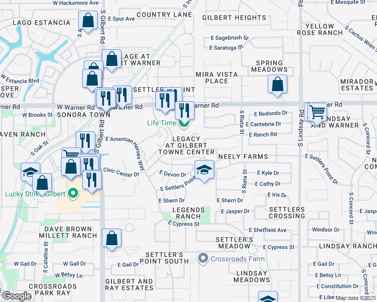 map of restaurants, bars, coffee shops, grocery stores, and more near 334 East Nunneley Road in Gilbert