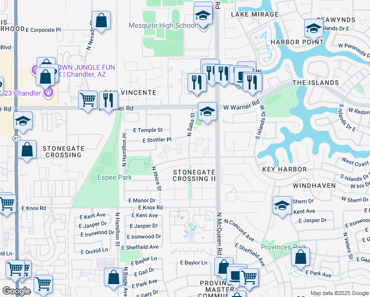 map of restaurants, bars, coffee shops, grocery stores, and more near 926 East Rockwell Drive in Chandler