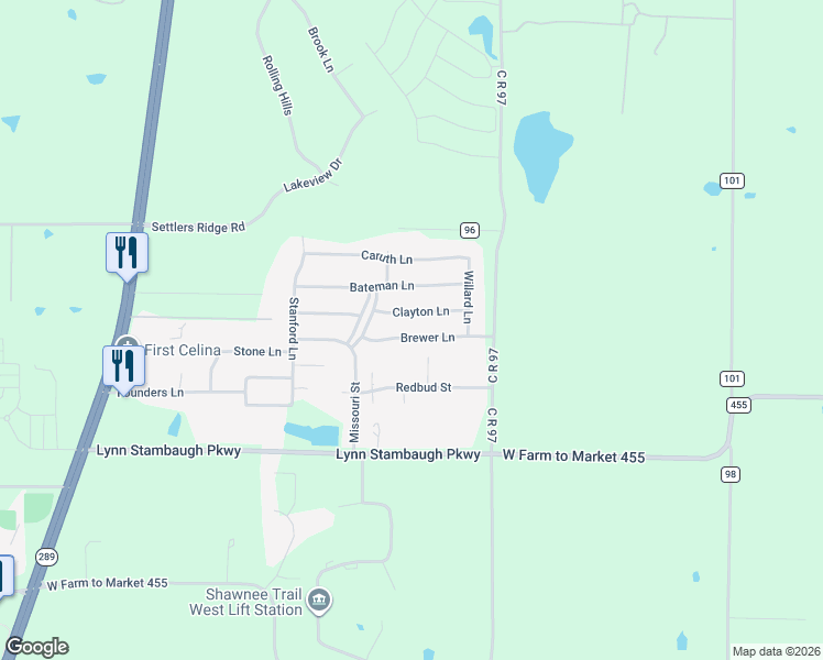 map of restaurants, bars, coffee shops, grocery stores, and more near 1437 Brewer Lane in Celina