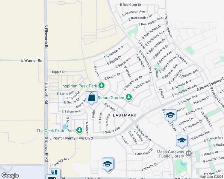 map of restaurants, bars, coffee shops, grocery stores, and more near 4663 South Venus in Mesa