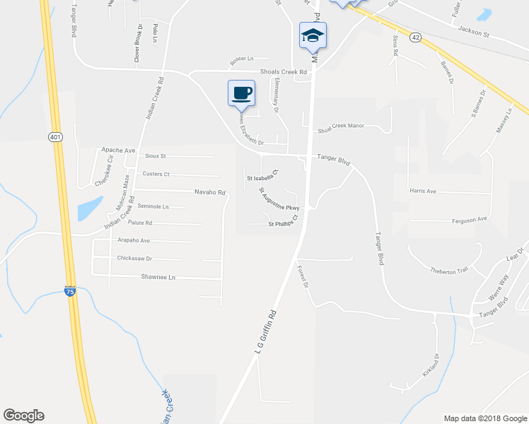 map of restaurants, bars, coffee shops, grocery stores, and more near 1245 Saint Francis Court in Locust Grove