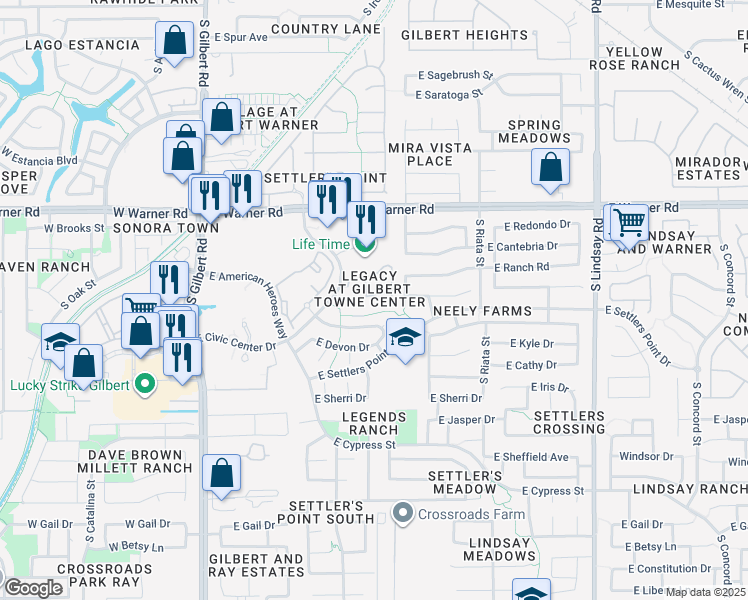 map of restaurants, bars, coffee shops, grocery stores, and more near 334 East Nunneley Road in Gilbert