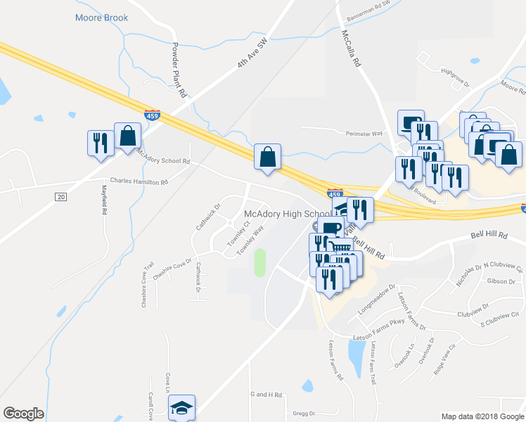 map of restaurants, bars, coffee shops, grocery stores, and more near 6014 Townley Court in McCalla