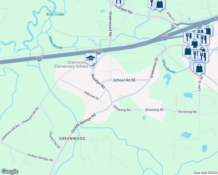 map of restaurants, bars, coffee shops, grocery stores, and more near 1098 Hillcrest Drive in Bessemer