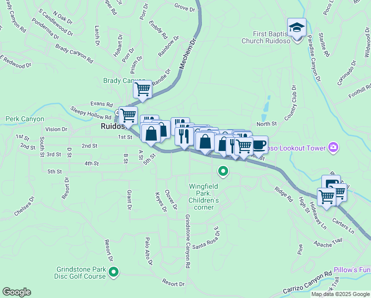 map of restaurants, bars, coffee shops, grocery stores, and more near 2702 Sudderth Drive in Ruidoso