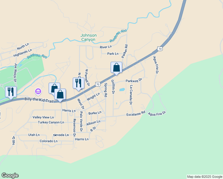map of restaurants, bars, coffee shops, grocery stores, and more near 202 Griffith Drive in Ruidoso Downs