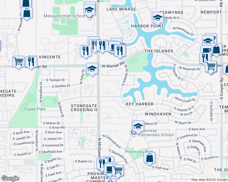 map of restaurants, bars, coffee shops, grocery stores, and more near 1501 West Lobster Trap Drive in Gilbert