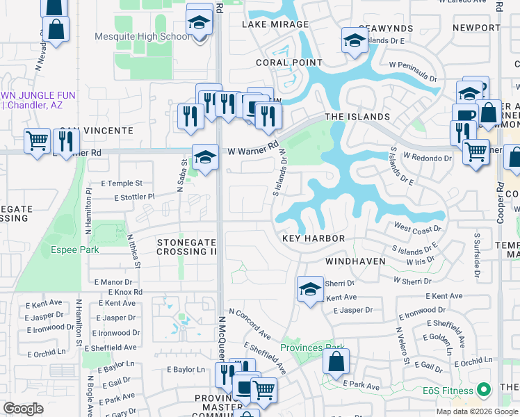 map of restaurants, bars, coffee shops, grocery stores, and more near 1501 West Lobster Trap Drive in Gilbert