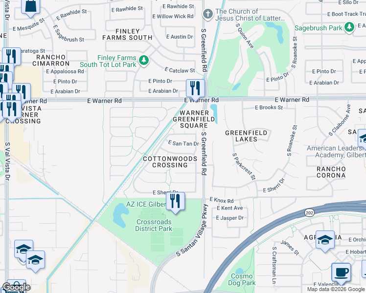 map of restaurants, bars, coffee shops, grocery stores, and more near 2357 East Ranch Road in Gilbert