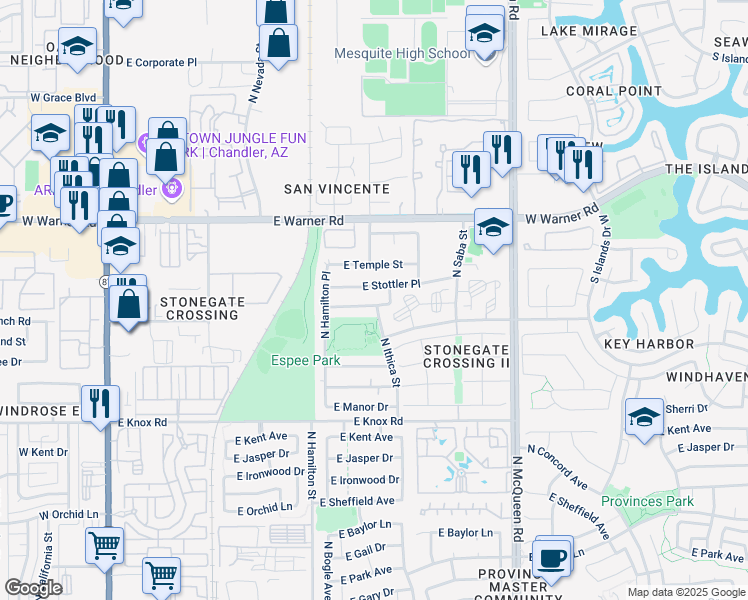 map of restaurants, bars, coffee shops, grocery stores, and more near 670 East Stottler Place in Chandler