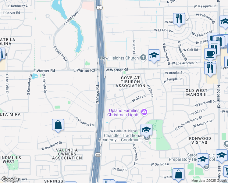 map of restaurants, bars, coffee shops, grocery stores, and more near 2900 West Highland Street in Chandler