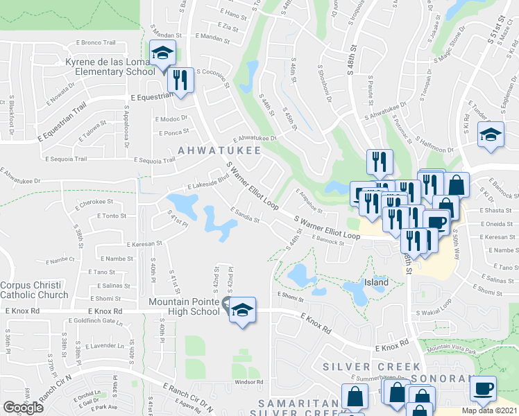 map of restaurants, bars, coffee shops, grocery stores, and more near 12601 South Tonto Court in Phoenix