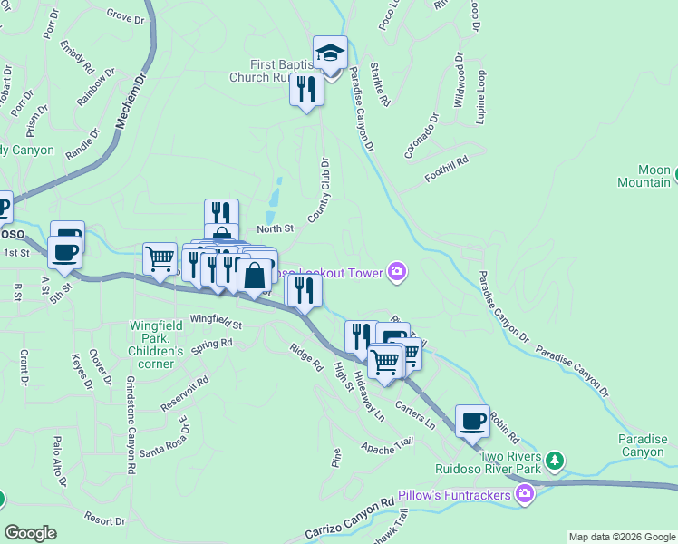 map of restaurants, bars, coffee shops, grocery stores, and more near 220 Lookout Drive in Ruidoso