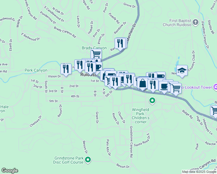 map of restaurants, bars, coffee shops, grocery stores, and more near 101 Joe Welch Drive in Ruidoso Downs