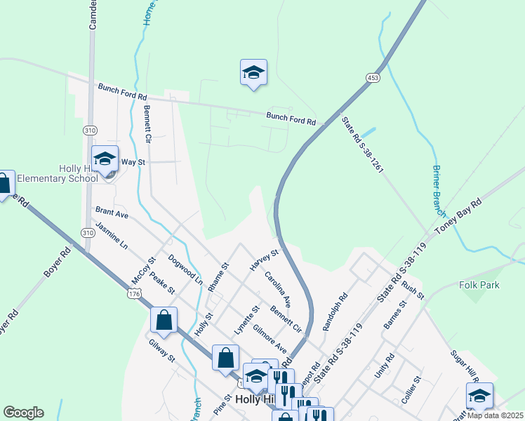 map of restaurants, bars, coffee shops, grocery stores, and more near 2410 Eutaw Road in Holly Hill