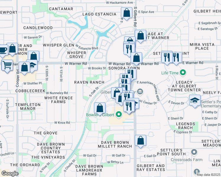 map of restaurants, bars, coffee shops, grocery stores, and more near 923 South Ash Street in Gilbert