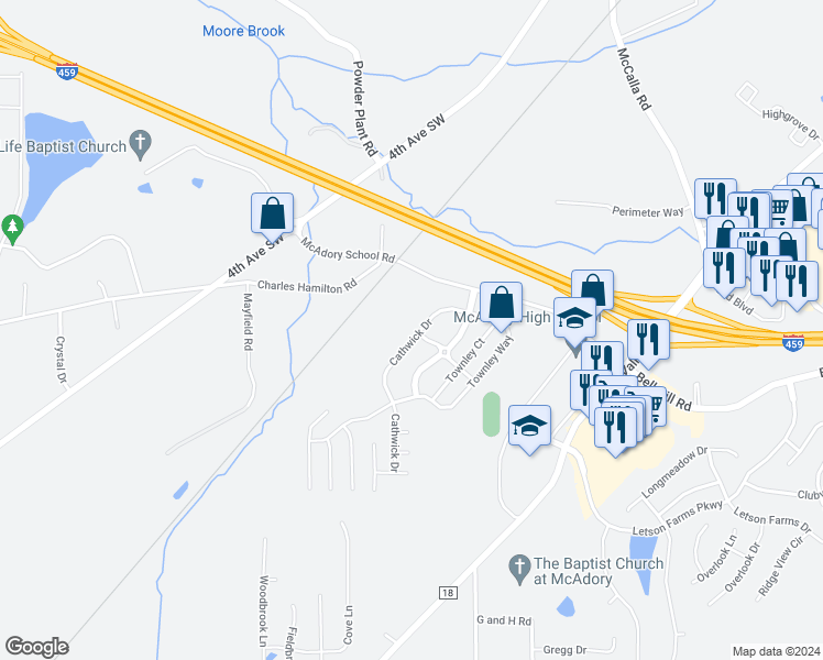 map of restaurants, bars, coffee shops, grocery stores, and more near 6101 Cathwick Drive in McCalla
