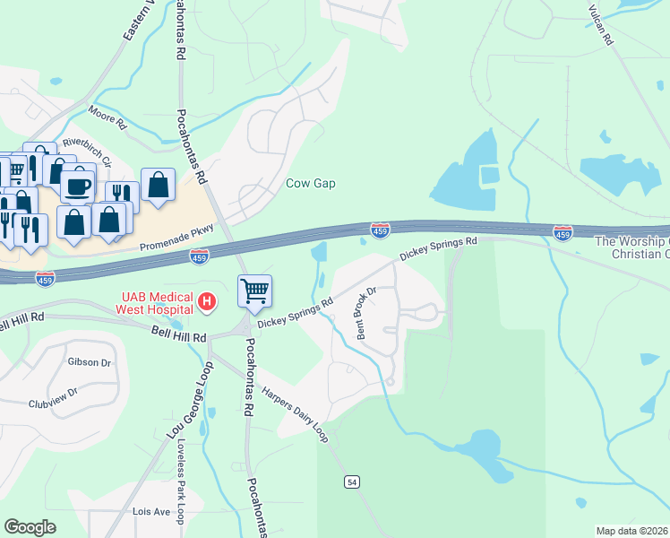 map of restaurants, bars, coffee shops, grocery stores, and more near 7991 Dickey Springs Road in Bessemer