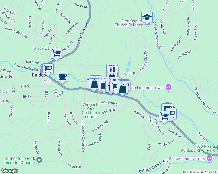 map of restaurants, bars, coffee shops, grocery stores, and more near 207 Eagle Drive in Ruidoso