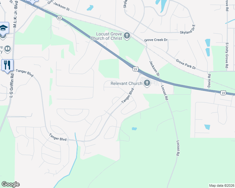 map of restaurants, bars, coffee shops, grocery stores, and more near 1423 Brickfield Way in Locust Grove