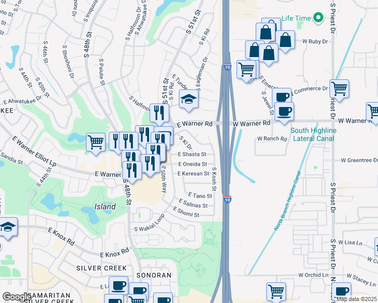 map of restaurants, bars, coffee shops, grocery stores, and more near 5125 East Bannock Street in Phoenix